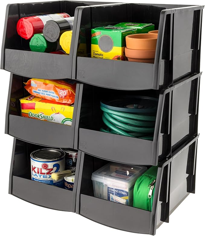 IRIS USA Extra Large Stackable Storage Bins, 6-Pack, 13" L x 10" W x 8" H, |Made in USA|, Plastic Open Front Shelf Bin for Organizing Parts, Hardware, Tools, Supplies, Garage Shelf, Pantry - Black