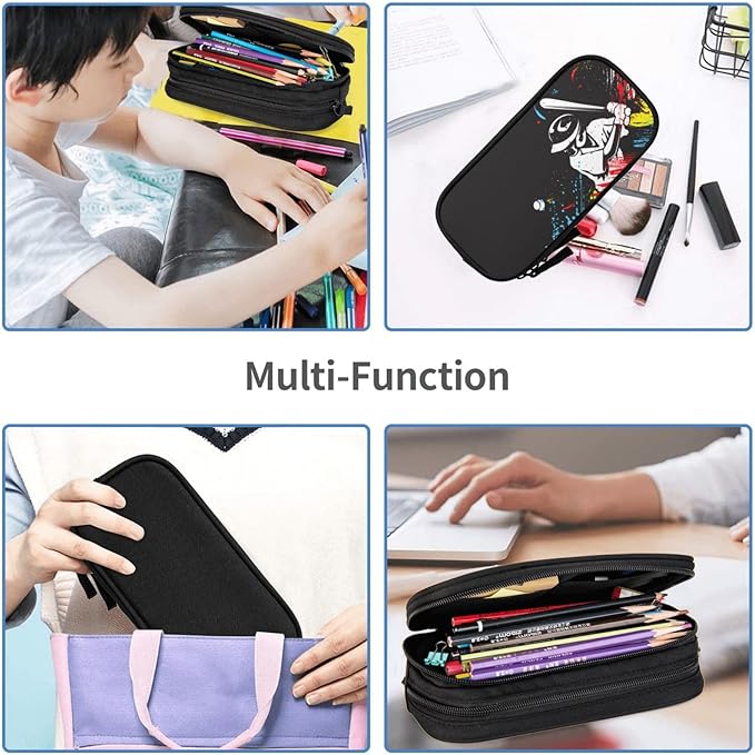Baseball Themed Pencil Box Black Pencil Case for Sports Kids Boys Men, Big Capacity Canvas Storage Pouch Marker Pen Bag Stationery Organization Bag, Portable Travel Storage Box Desk Office Organizer