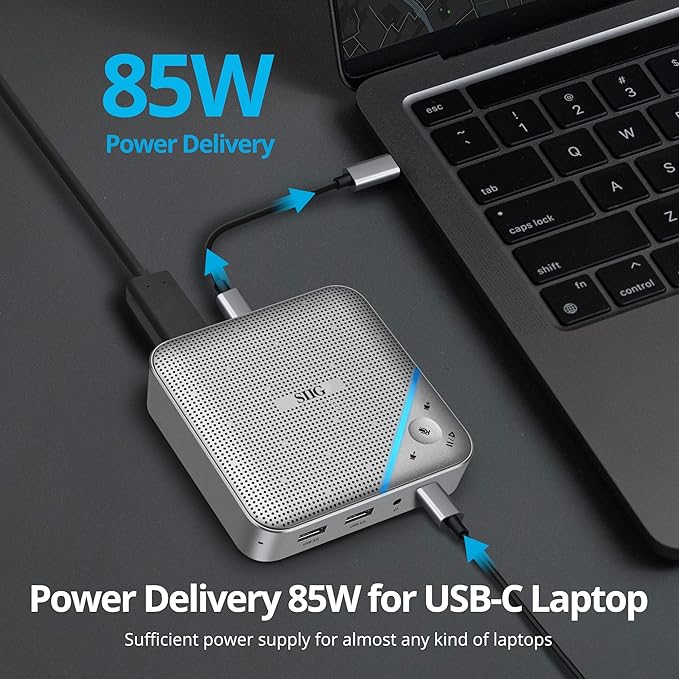SIIG USB-C Multitask Mini Dock with Conference Speaker, Omnidirectional Microphone, Touch Volume Control, 4K HDMI, USB 3.0, 85W PD, Plug-N-Play, Mac and Windows, Silver (JU-DK0S11-S1)