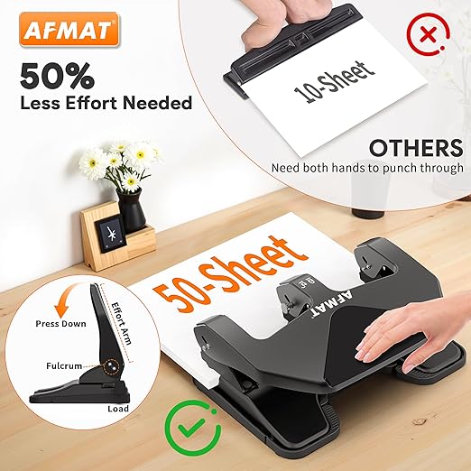 AFMAT Heavy Duty 3 Hole Punch, 50-Sheet Capacity, 50% Reduced Effort Three Hole Puncher for Binder, 10K+ Uses, Large Chip Tray, Adjustable Paper Guide, Office Metal Paper Puncher 3 Ring HP20(Black)