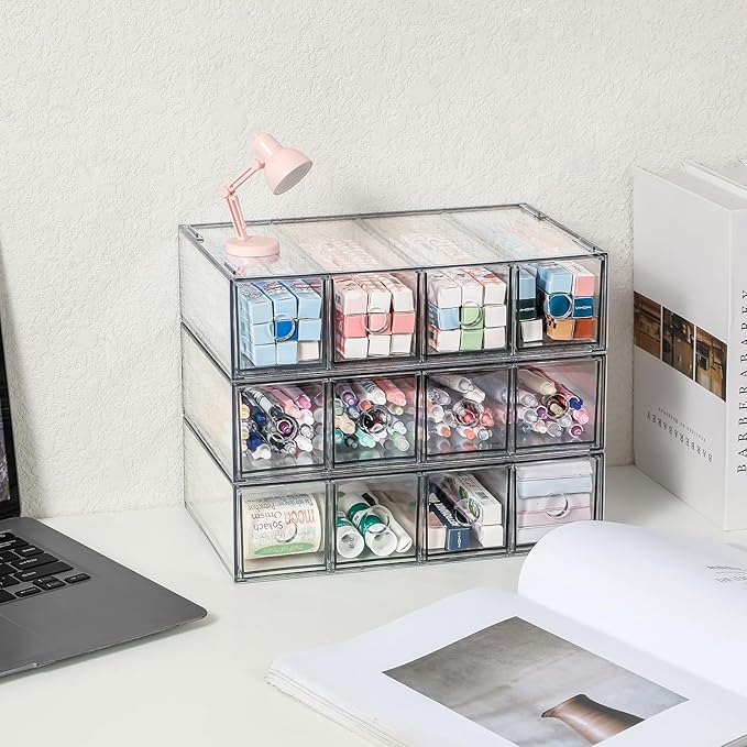 3-Pack Stackable Acrylic Storage Drawers, Desk Organizer Transparent Cosmetic Storage Boxes, 4 Compartment Design Suitable for Stationery, Dressing Table, Sunglasses, Jewelry Storage Organization