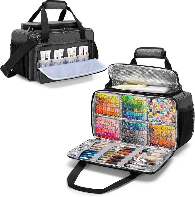 Marker Storage Bag Marker Case Organizer Hold up to 216 Markers, Carrying Case with Shoulder Strap and Handle, with Dividers and Easy Cleaning Liner (Markers Length up to 5.1"/13 cm), Grey
