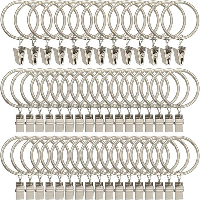 LLPJS 60 Pack Metal Curtain Rings with Clips, Curtain Clip Rings Hooks for Hanging Drapery Drapes Bows, Curtain Rod Rings 1.5 inch Interior Diameter, Matte Silver