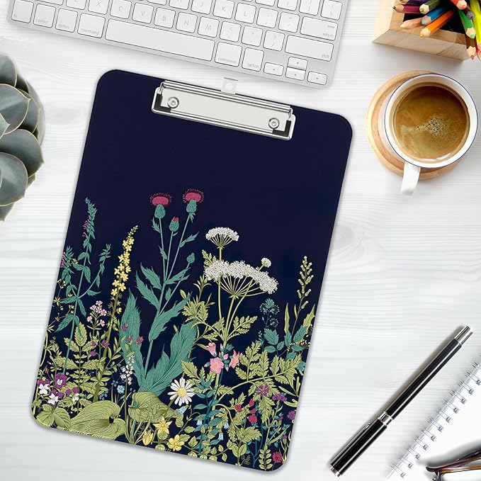 Rimilak Plastic Clipboards with Metal Clip, A4 Letter Size 9 x 12.5 in, Office Decorative for Students Women Men and Kids, Cute Custom Pattern, Night Flower
