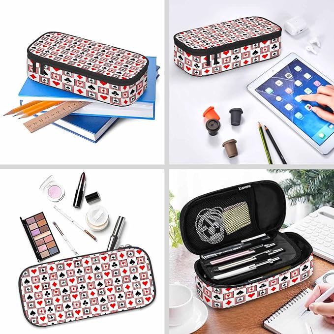 Playing Cards Pencil Holder Bag Bright Red Black White Symmetrical Geometric Pencil Case College Office Organizer for Students Boy Girl Teens Adults