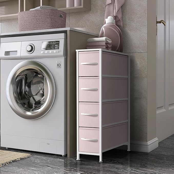 Sorbus Kids Narrow Dresser with 4 Drawers - Vertical Slim Storage Chest of Drawers with Steel Frame, Wood Top & Easy Pull Fabric Bins for Small Spaces, Closets, Bedroom, Bathroom & Laundry