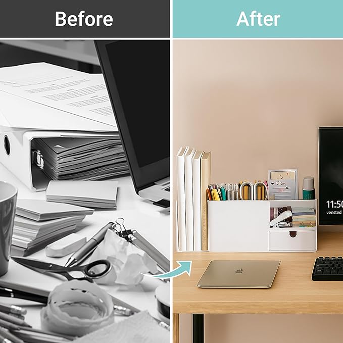 Adjustable Desk Drawer Organizer, Pen Holder, Pencil Holder for desk and Accessories, 5 Compartments, Art Supply Storage Caddy for Desk School Office Supplies