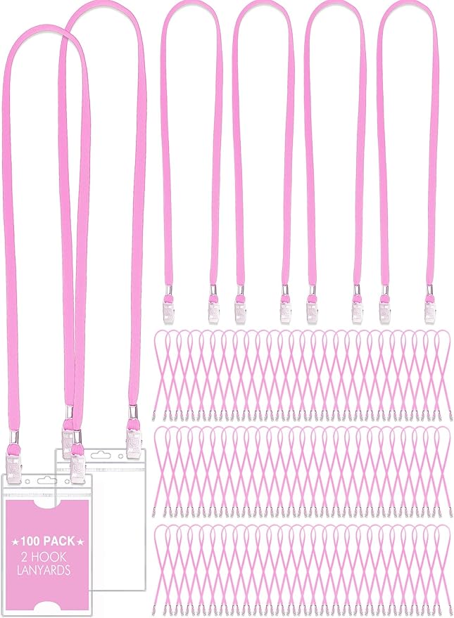 Patelai 100 Pack Double Clip Lanyards Bulk Face Mask Lanyard Twist Free 2 Hook Design Adjustable Badge Neck Strap for ID Name Badge Holder School Conference Office Class Essential (Pink)