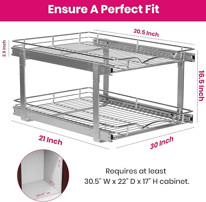 HOLDN’ STORAGE Two Tier Pull Out Cabinet Organizer, Individual Sliding Drawers - Heavy Duty Metal with Lifetime Limited Warranty - Anti Rust Chrome Finish - 30" W x 21”D x 16.5" H