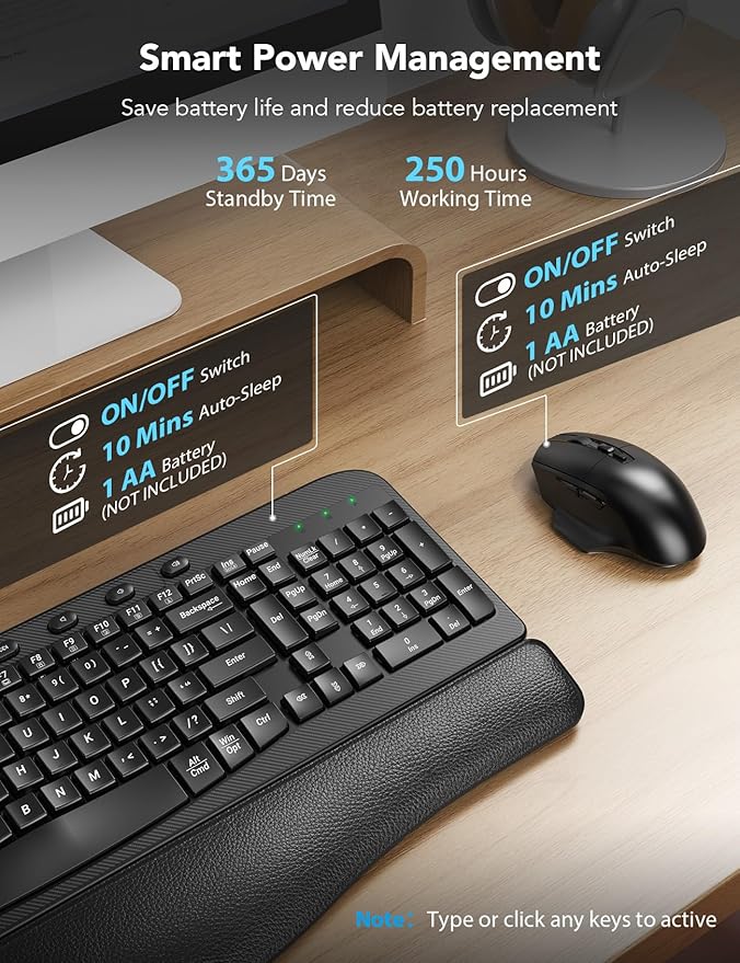 Wireless Keyboard and Mouse Combo – Ergonomic Wave Key, Built-in Leather Soft Palm Rest, 2.4G Full Size, 8 Hotkeys, 6-Button Mouse with 4-Level DPI, Dual USB-A/USB-C, Windows & macOS Compatible