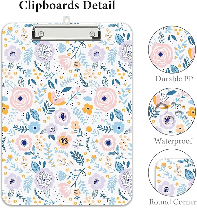 Rimilak Plastic Clipboards with Metal Clip, A4 Letter Size 9 x 12.5 in, Office Decorative for Students Women Men and Kids, Cute Custom Pattern, Purple Flower