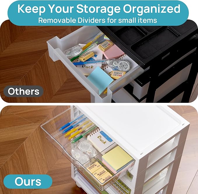 Vtopmart Plastic Drawer Storage Rolling Cart with Wheels, 4-Tier Drawer Organizer for Art Crafts Supplies, Home Office Supplies, Toys, Under Desk Storage for Office, Craft Room, Bedroom, Classroom
