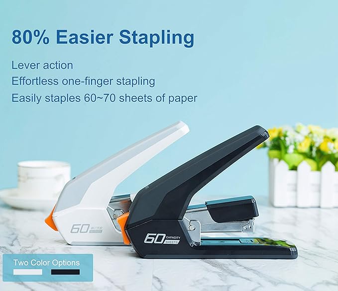 Deli Effortless Heavy Duty Stapler, One Touch Stapling, Easy to Load Ergonomic Stapler, 60 Sheet Capacity, Includes 2000 Staples and Staple Remover for Desktop