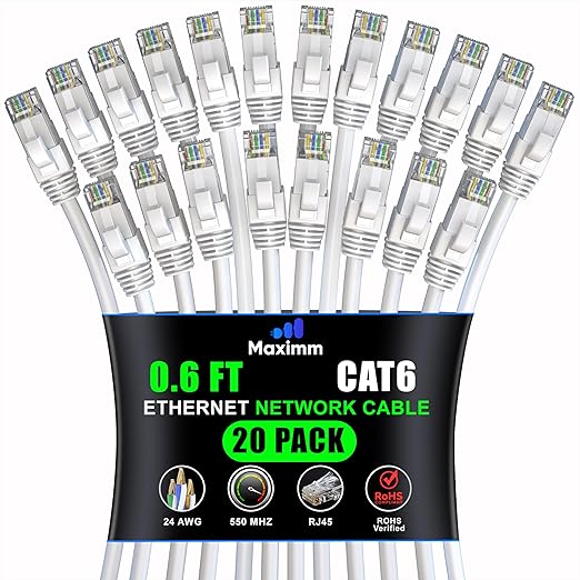 Maximm Cat 6 Ethernet Cable 0.6 ft (20-Pack) - High-Speed LAN Cable, Internet Cable, Patch Cable, and Network Cable - UTP, 10Gbps, 550MHz Ethernet Cord - White