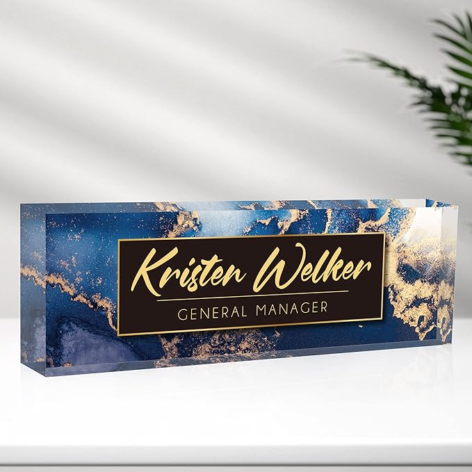 Desk Name Plate Personalized, Premium Blue Marble Acrylic Desk Name Plate, Personalized Name Plate for Desk, Office Decor for Women or Men Coworkers, Boss, Employee, Teacher
