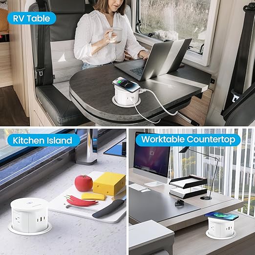 Pop Up Countertop Outlet with 15W Wireless Charger, PD 65W USB-C Ports & 4 AC Outlets, 800J Surge Protection, 4.75 inch Pop Up Electrical Outlet, 6Ft Cord for Home Office(ETL & FCC Listed)