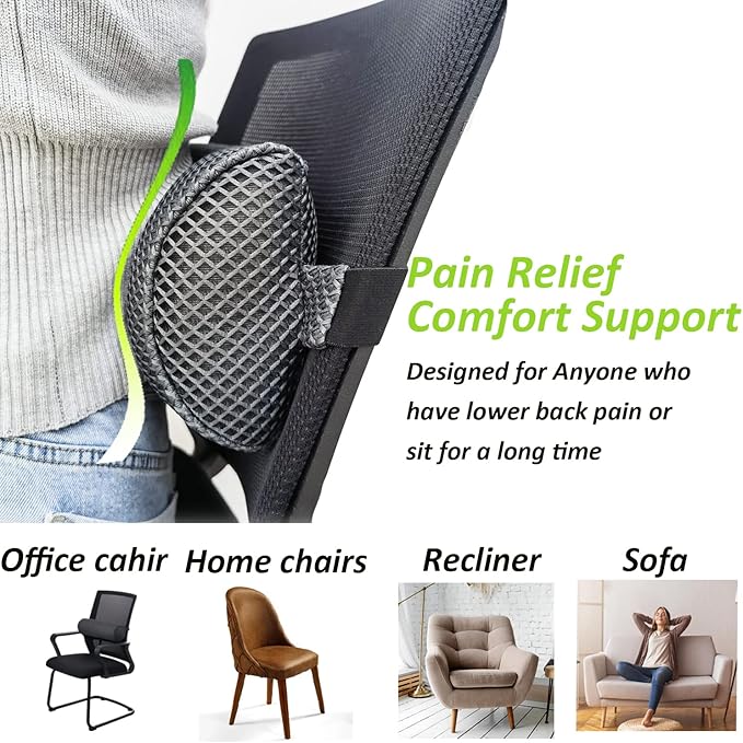 Esme L&H Lumbar Roll for Office Chair Car Seat, Breathable 3D Fabric Back Support Roll for Lower Back - D-Shape Lumbar Roll Pillow with Elastic Strap Lumbar Support Pillow for Office Chair