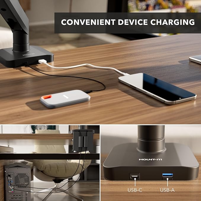 Mount-It! Proflex Series Heavy-Duty Monitor Desk Mount, Fits 17–49” Ultrawide Screens, Full Motion Gas Spring Arm, 44 lbs Capacity, USB-C & USB 3.0 Ports, VESA 75/100, Clamp or Grommet Base