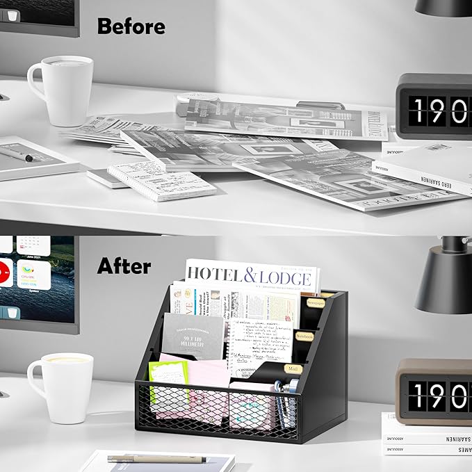 Mail Organizer Countertop,Wooden Mail Holder,4 Slot Letter Holder for Desktop,Vintage Desk Orgaizer for Fill,Bill (Black)