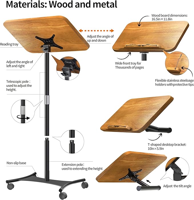 NAMON Rolling 2-in-1 Dual-use Music Stand & Desktop Book Stand, 100% Solid Wood, Height Adjustable from 16.5" to 51", with 4 Lockable Casters & Page Clips (with Large Panel: 16.5 * 11.8IN)
