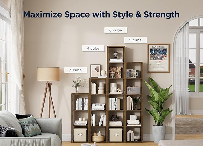 4 Cube Storage Organizer Single Row, Cube Shelf with Heavy-Duty Thick Boards, 13.31" L x 9.37" W x 48.82" H, Smooth Easy-Clean Panels, Simple Assembly, for Living Room Bedroom Office, Brown