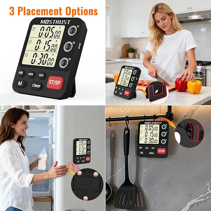 Digital Dual Kitchen Timer, 3 Channels Triple Countdown Timer for Cooking, Magnetic Memory-Preset Large Display Adjustable Volume, Multi Time Management, 3A Battery Included, Black