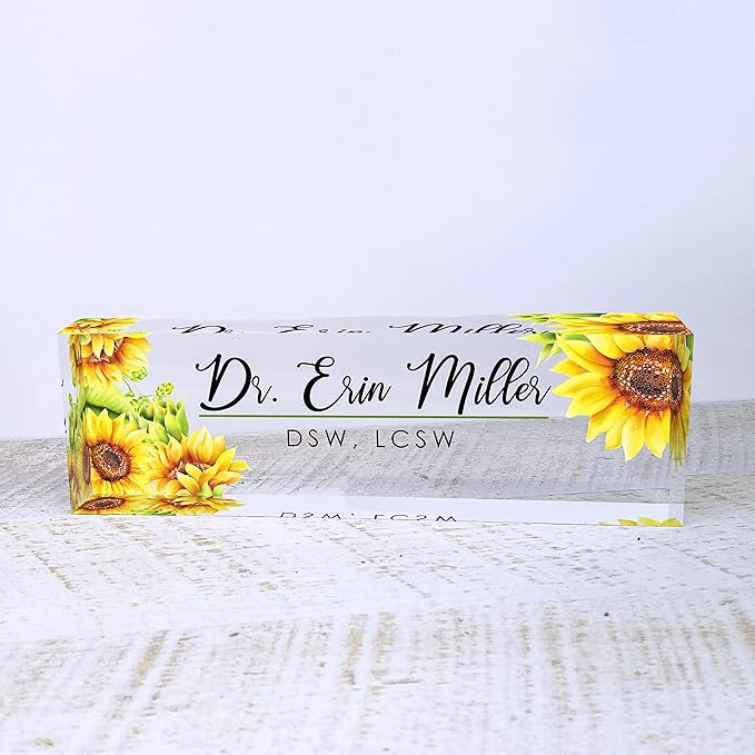 Artblox Office Desk Name Plate Personalized | Custom Name Plates for Desks | Sunflowers Design On Clear Acrylic Glass | Office Desk Decor - (8" x 2.5")