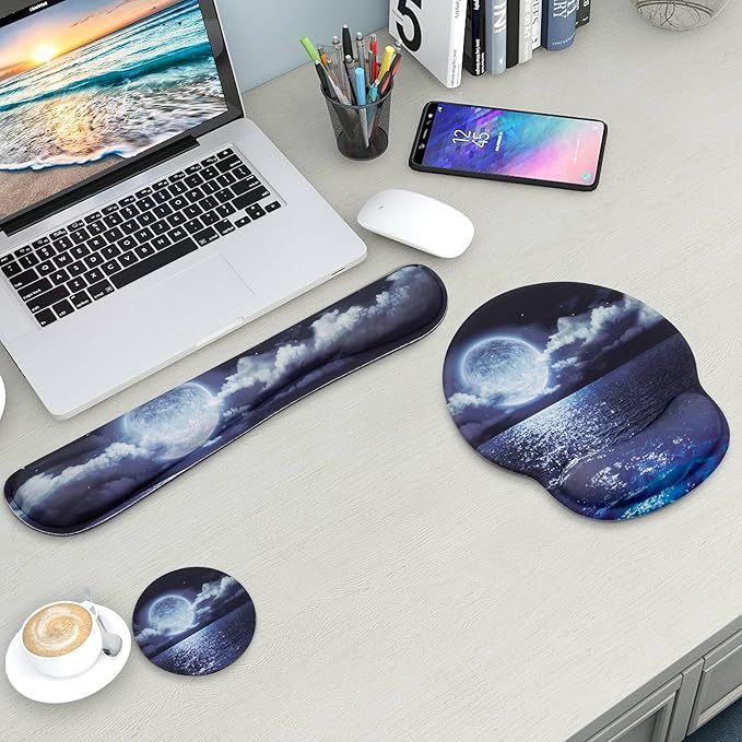 Mouse Pad and Keyboard Wrist Rest Support, with Non-Slip PU Base,Gel Mouse Pad with Coaster,Pain Relief for Gaming, Computer,Office -Moon Ocean