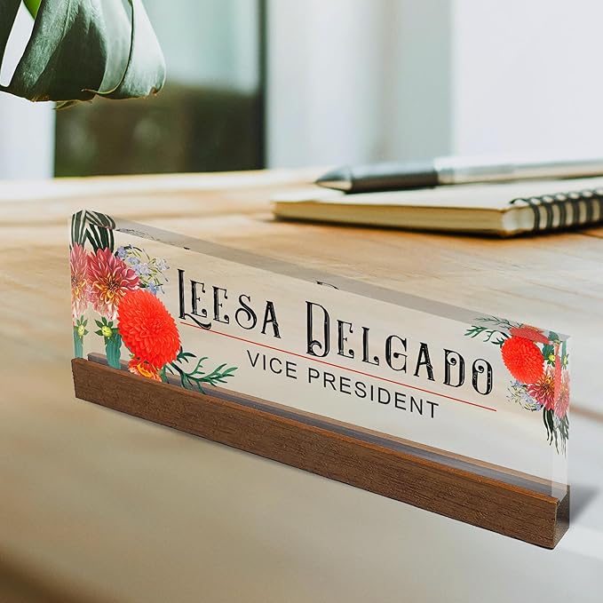 Artblox Office Personalized Name Plate for Desk with Business Card Holder On Clear Acrylic Glass Autumn Flowers Design Custom Desk Name Plate with Your Name and Credentials Customized Gift