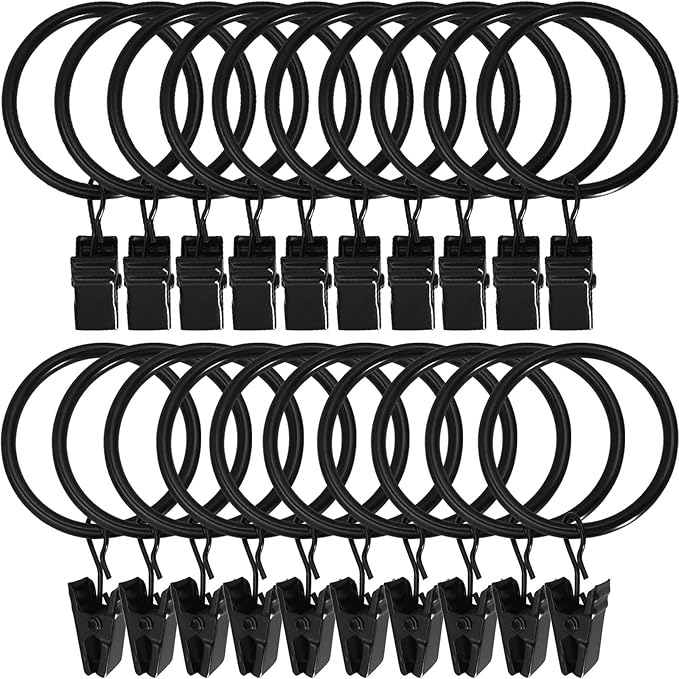 LLPJS 20 Pack Metal Curtain Rings with Clips, Curtain Clip Rings Hooks for Hanging Drapery Drapes Bows, Curtain Rod Rings 1.5 inch Interior Diameter, Black