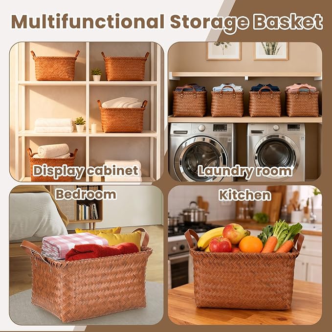 Storage Baskets 4-Pack - Woven Laundry Basket Organizer, 15x11x10.5 Inch Open Hamper Bins for Clothes Blanket Storage, Shelf Closet Organization, 25L Handwoven Rattan Baskets for Home Decor