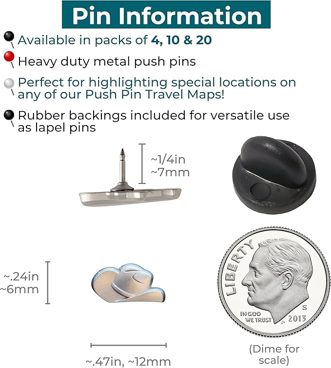 Cowboy Hat Push Pins - Silver Cowboy Hat Map Pins for Cork Boards, Maps, or Lapel Use - Designed in USA - Set of 10