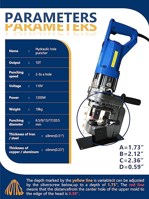 AMZCNC 110V 1200W Electric Hydraulic Hole Puncher Φ1/4"-4/5" Punching Machine Metal Hole Punch with Carbon Brush 5 Dies for Iron Copper Aluminum Plate Angle Steel