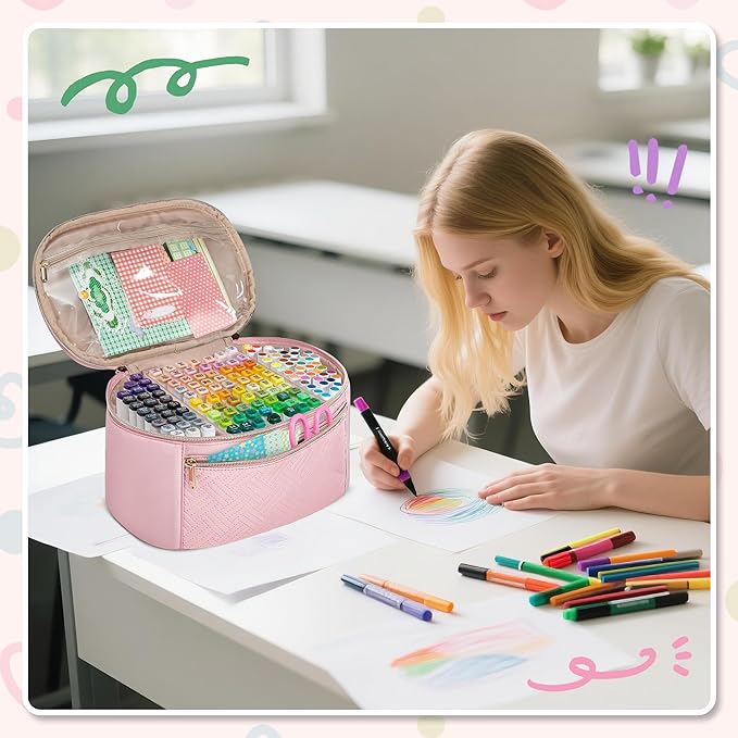 Fasrom Marker Organizer Case for 120 Markers, Art Marker Storage Bag with Handle and Detachable Dividers, Travel Marker Holder for Alcohol Markers, Brush Pens and Craft Supplies, Pink(Bag Only)