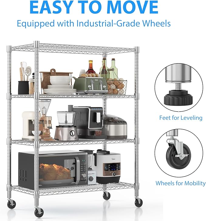 Homdox 4 Tier Heavy Duty Metal Shelves for Storage, Storage Racks and Shelving with Wheels, Commercial Adjustable Wire Shelving Unit, Garage Rack Pantry Shelves Kitchen Shelving, Chrome