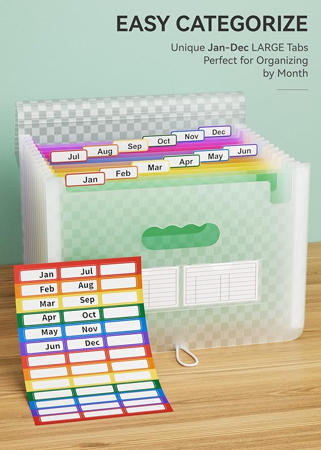 ABC life 12 Pockets Accordion File Organizer Expanding File Folders, Portable Monthly Bill Receipt Document Organiser, Expandable Accordian Filing Folder Letter A4 Size, Colored Tabs (Green)