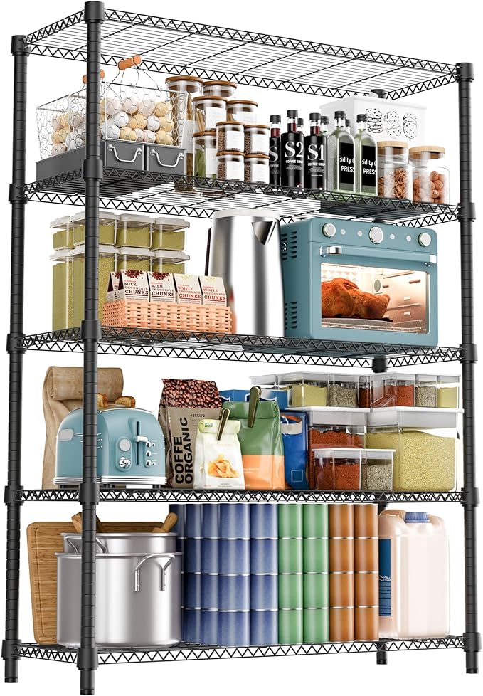 5 Tiers Shelf 1750 lbs Steel Storage Shelving Utility Shelving Unit Steel Organizer Wire Rack for Home,Kitchen,Office,Garage Black 17.7" D x 47.2" W x 72.4" H