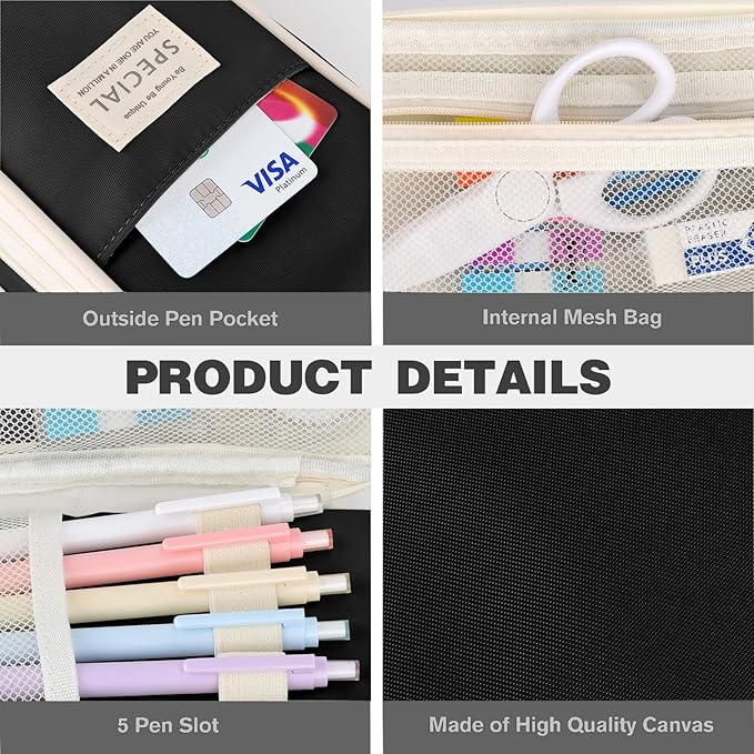 Large Capacity Pencil Case with Zipper, Aesthetic Pencil Pouch, Portable Stationery Organizer Bag for Teen and Adults, Big Pencil Bag for College, Office, Travel - Black