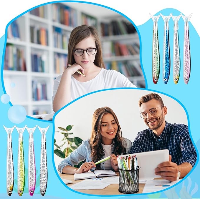 Outus 12 Pieces Fish Pens Fishing Birthday Party Favors Decoration Writing Ballpoint Pens for Office Valentine Day Chinese New Year Gifts (Glittery)