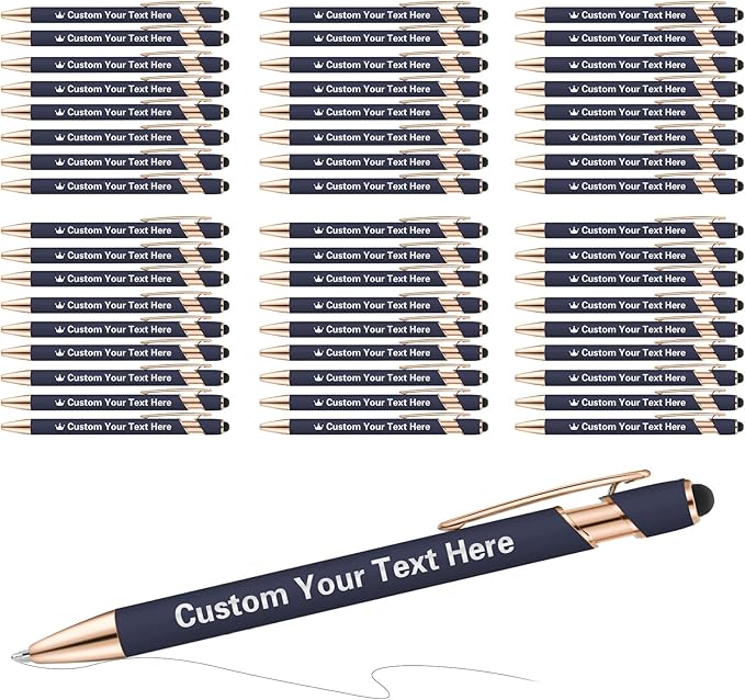 ENOMY 50 Pcs Bulk Personalized Custom Pens with Stylus Ballpoint Pens Customized with Text Logo Name Best Gift for College Business Promotion Wedding Birthday Christmas (Deep Blue)