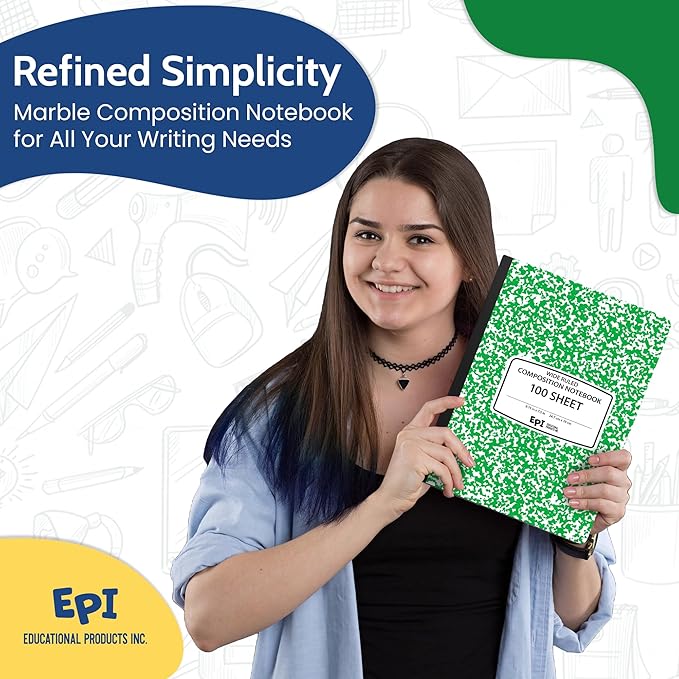 EPI 24 Pack - Green Marble Composition Notebook - Wide Ruled 200 Page Note Book - 9.75 x 7.5 Inch Hardcover Journal with Sewn Binding for Secure Pages - Classroom Back To School Supplies