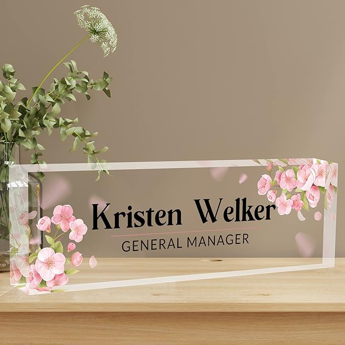 Personalized Office Name Plate for Desk, Custom Employee Appreciation Gifts, Acrylic Desk Name Plate Funny, Desk Decorations Gift, Acrylic Desk Ornaments… (Pink Orchids)