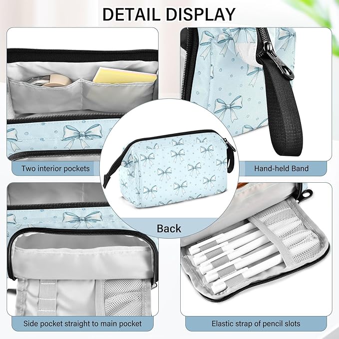 Blue Ribbon Bow Pencil Case Pouch Big Capacity Pencil Bag Box Organizer Pen Case with Handle Stationery Organizer for Kids Boys Girls College
