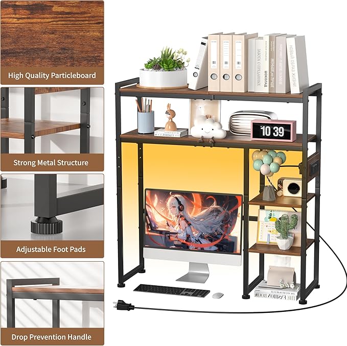 Aetheris Desktop Organizer Shelf, 30" Wooden Office Storage Rack with Outlets, Display Shelf Rack with Light Strip, 5 Tier Desktop Display Rac, Desk Shelf, Desk Hutch for Computer Monitor, Brown