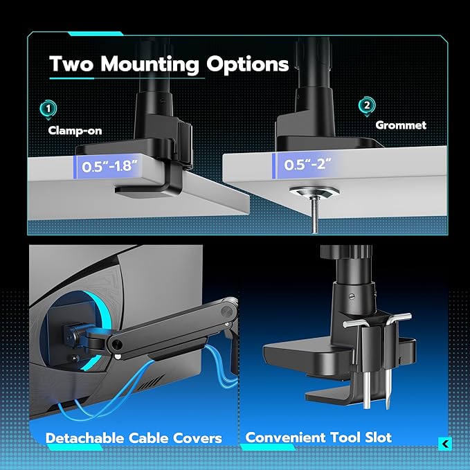 ARES WING Single Monitor Arm Desk Mount for 17-49 Inch Ultrawide Monitors, Heavy Duty Single Monitor Arm Holds 44 lbs, Full Motion Gas Spring Vertical Desk Mount, 75/100 VESA Mount, Black