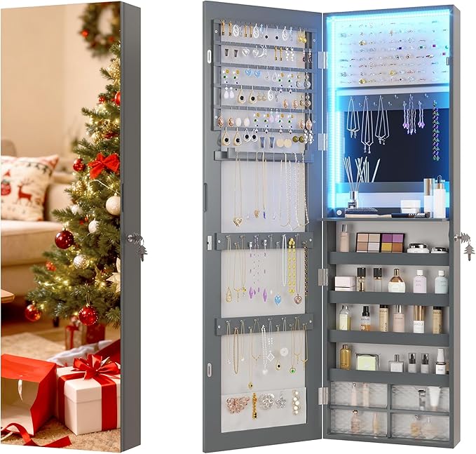 Vlsrka 47.2" LED Grey Jewelry Mirror Cabinet, Wall/Door Mounted Jewelry Armoire Organizer with Full-Length Mirror, Large Capacity Storage Hanging Cabinet, 4 Drawers, 5 Shelves