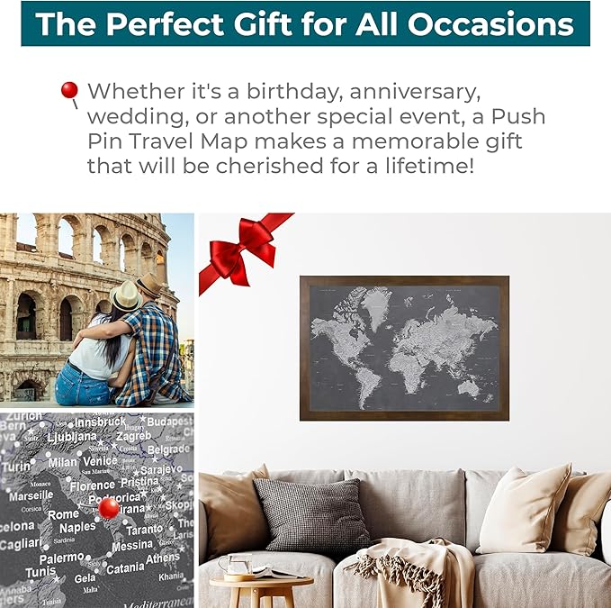 Push Pin Travel Maps - Stormy Dreams World - Rustic Brown Framed Pin Map for Tracking Your Travels - 27.5" x 39.5" - 8 Handcrafted Frame Options - Made in USA - Ideal for Any Traveler