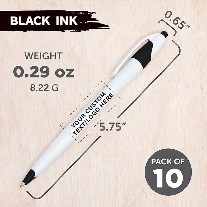 DISCOUNT PROMOS Custom Slim Curvy Ballpoint Pens Set of 10, Personalized Bulk Pack - Black Ink, Retractable, Great for Office, School, Tradeshows - Black