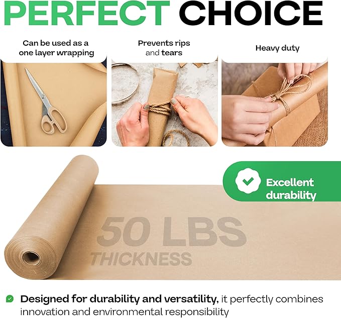 Brown Kraft Paper Roll 36" x 1200" (100 feet) with Cutter - USA-Made Quality Paper 50lb Thickness for Wrapping, Packing, Moving, Shipping, & Crafts/Arts - Natural Kraft Material by IDL Packaging