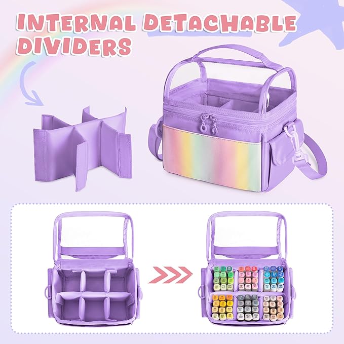 Marker Organizer Case for up to 72 Markers, Marker Storage Bag with Detachable Divider and 3 Extra Pockets, PVC Top Easy Find Your Need, Handle and Shoulder Strap, Purple (Case Only)